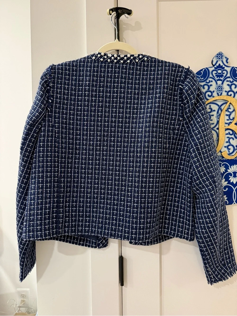Lilly Pulitzer Navy and White Pearl-Embellished Tweed Jacket